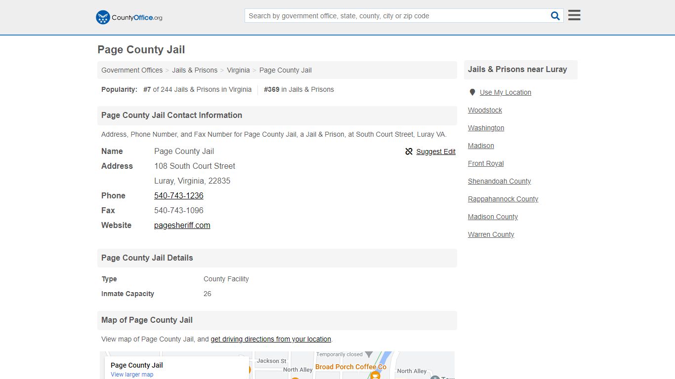 Page County Jail - Luray, VA (Address, Phone, and Fax)