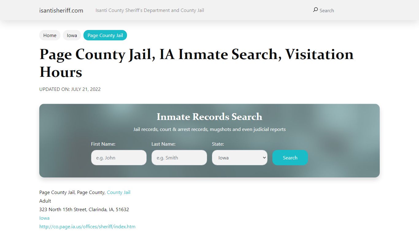 Page County Jail, IA Inmate Search, Visitation Hours - Isanti Sheriff